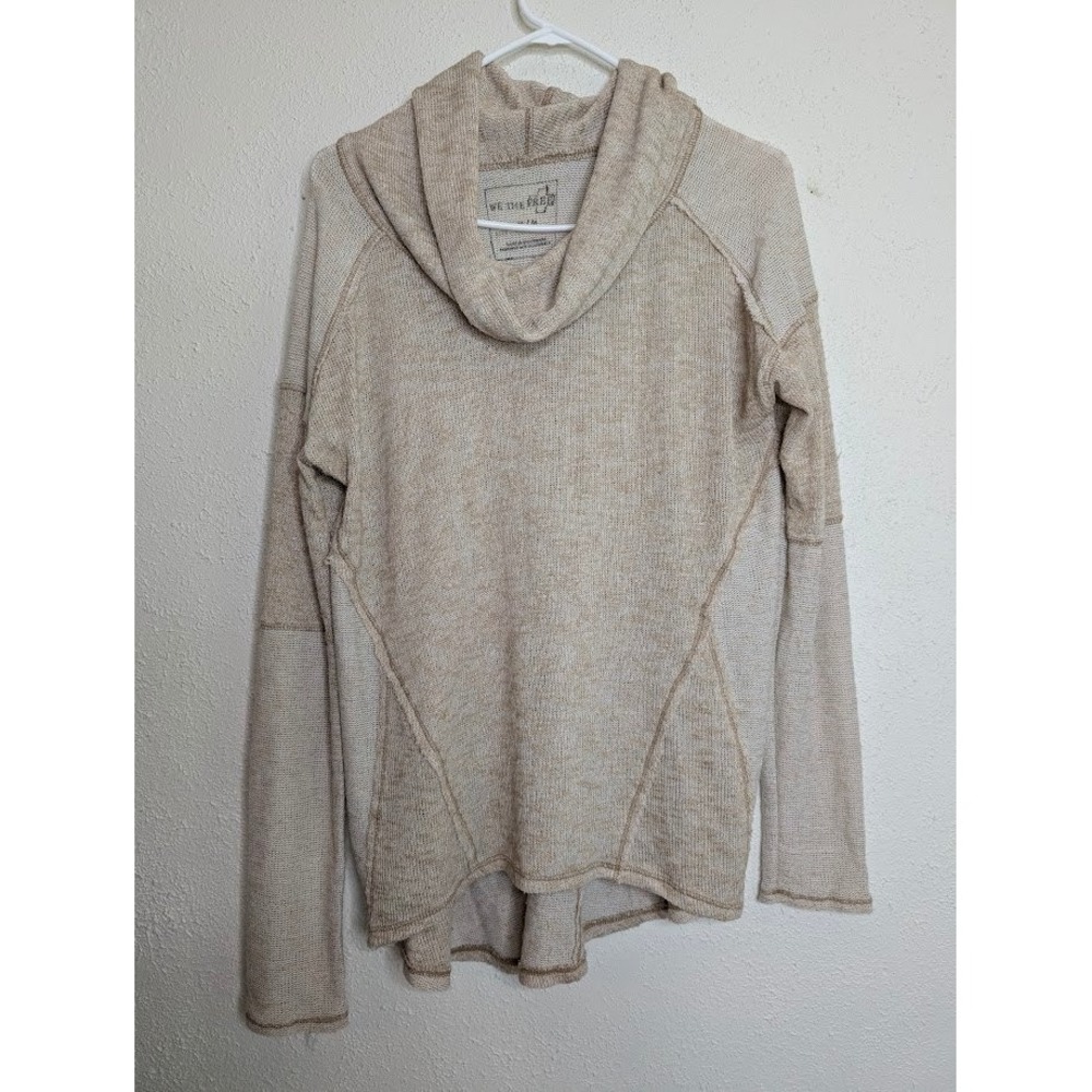 Free People Women Cowl Neck Waffle Knit Sweater M Beige Raw Hem Boho Pullover